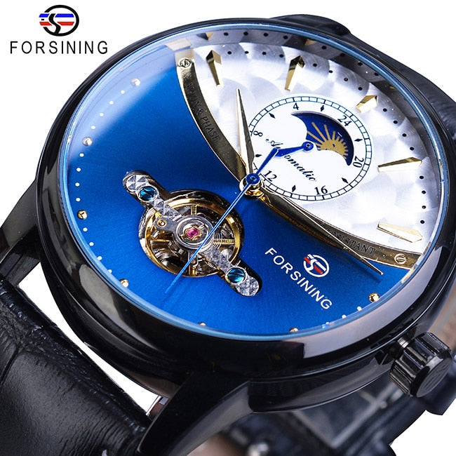 Forsining Mondphase Automatikuhr Royal Herren Golden Wasserdicht Mechanische Armbanduhr Casual Echtleder Tourbillon Uhr