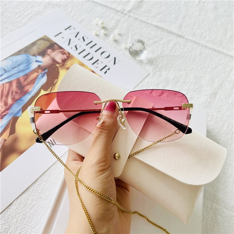 HBK Square Rimless Sunglasses Women Men Red Mirror Yellow Lens Metal Frame Fashion Vintage Frameless Sun Glasses Ladies