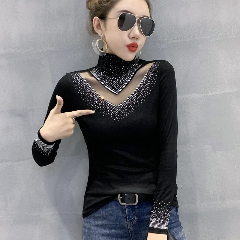 New 2022 Spring Autumn Long Sleeve T-Shirt Fashion Casual Turtleneck Diamond Woman Tshirts Elegant Slim Women's Tops Blusas