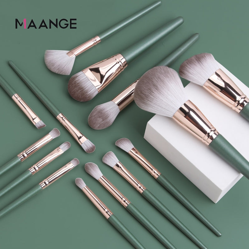 MAANGE 14pcs Makeup Brushes Set Green Large Loose Powder High Gloss Eyeshadow Foundation Contour Synthetic Hair Cosmetic Tools