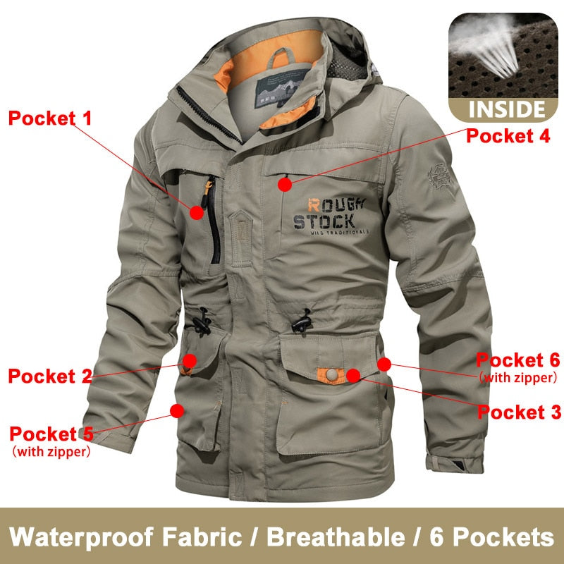 Primavera Hombres Chaquetas tácticas militares Multi-bolsillos Impermeable Casual Cazadora para hombre Abrigo al aire libre con capucha