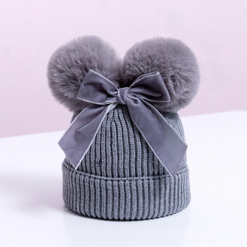 Winter Double Pompom Knitted Hat For Kids Girls Warm Thick Baby Caps With Bow Children&