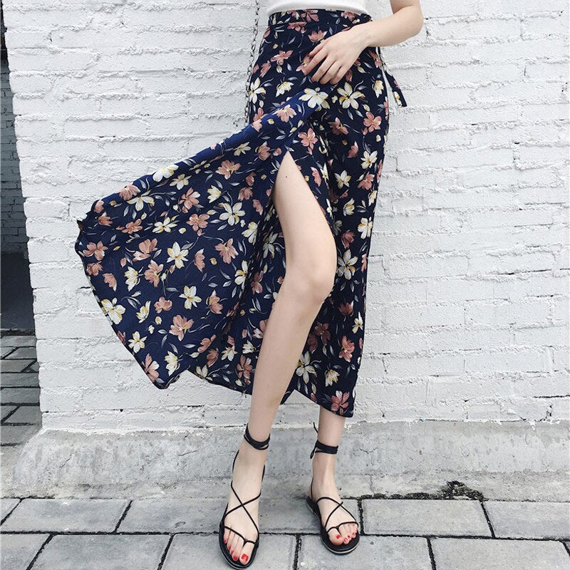2021 Böhmische Hohe Taille Blumendruck Sommerröcke Damen Boho Asymmetrischer Chiffonrock Maxi Lange Röcke Für Frauen