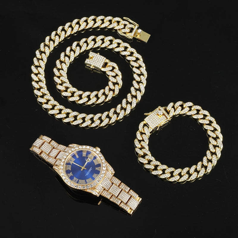 Hip Hop 13MM 3PCS KIT Uhr + Halskette + Armband Bling Kristall AAA + Iced Out Cuban Chain Strass Ketten für Damen Herren Schmuck