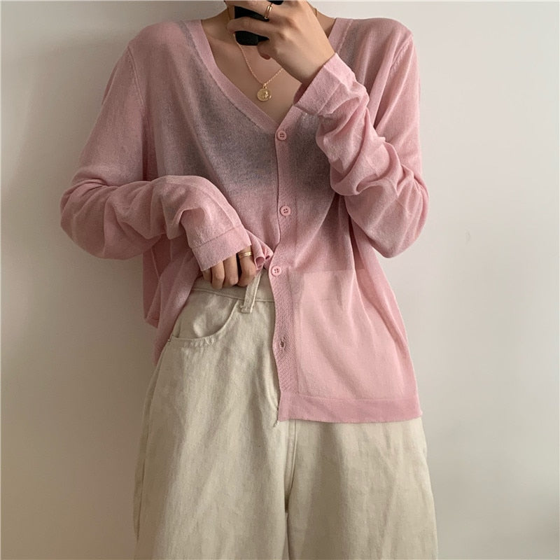 Cardigan Women Korean Long Sleeve Cardigan Summer Cropped Cardigan Knitted V-Neck Thin Ice Silk Sweaters Sunscreen Shirt Tops