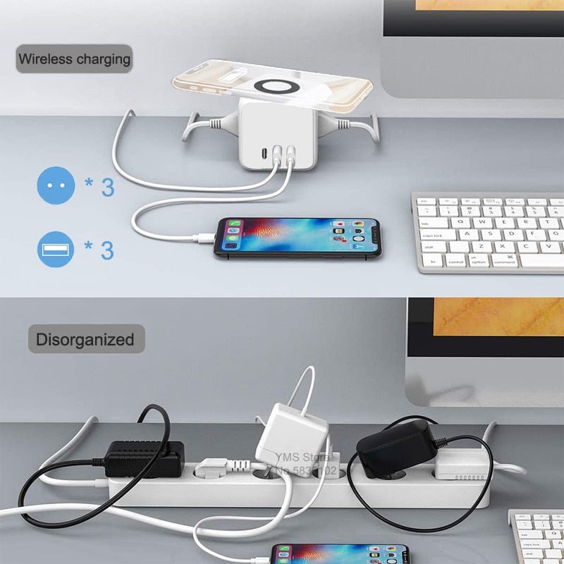 Sopend Power Strip 2 USB Electric with Type C Socket Tee Powercube 15W Wireless Charger Station Eu Plug Smart Outlets 1.5m Cord
