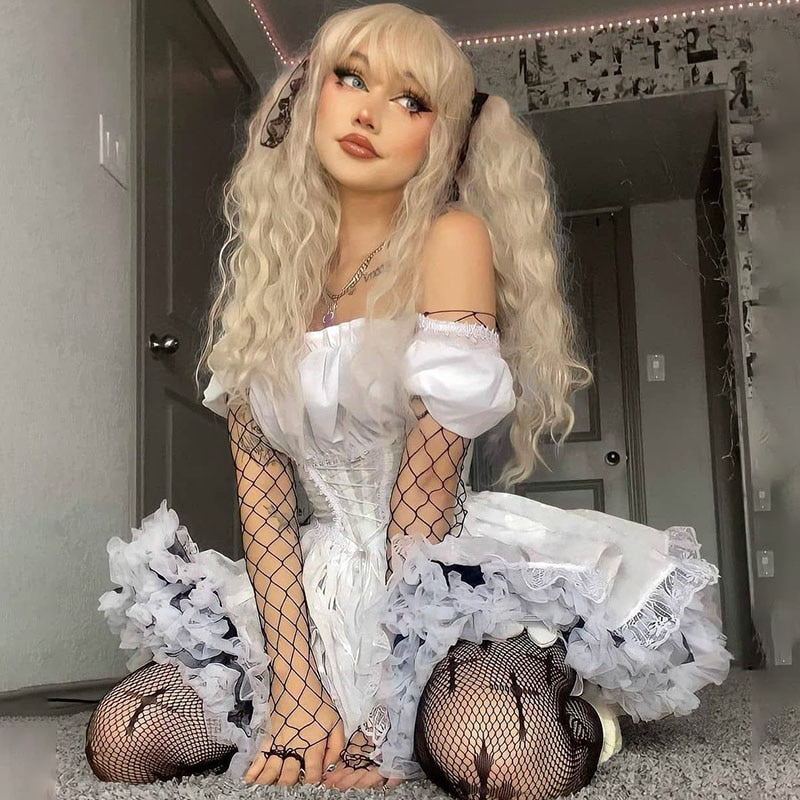 InsGoth Gothic Lolita Schwarzes Kleid Goth Ästhetische Puffärmel Minikleid mit hoher Taille Vintage Spitzenbesatz Bandage Korsett Partykleid