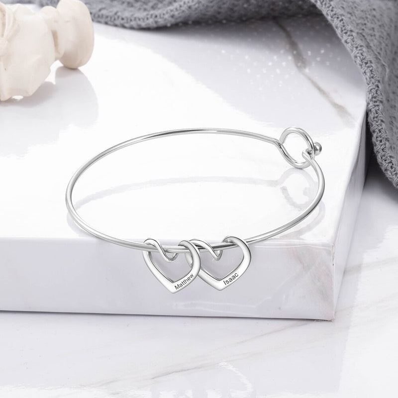 JewelOra Personalized Engraving Name Heart Charms Bracelets for Women Stainless Steel Customized Bangle DIY Jewelry Gift for Her