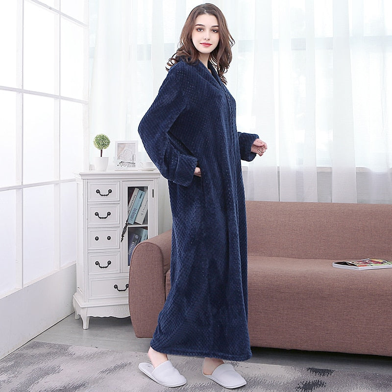 Women Winter Plus Size Long Warm Flannel Hooded Bathrobe 40-110KG Zipper Bath Robe Pregnant Night Dressing Gown Men Sleepwear