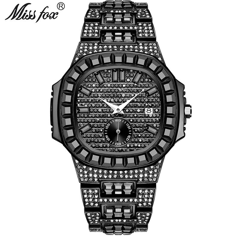 MISSFOX Luxury Men Watch Gold 18K Model Fully Paved Baguette Diamond Mens Watches Waterproof Calendar Male Clock Hours