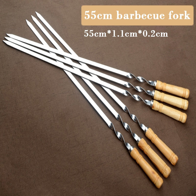 55cm 21.5&quot; BBQ Skewers Long Handle Shish Kebab Barbecue Grill Stick Wood BBQ Fork Stainless steel Outdoors Grill Needle 6-12pcs