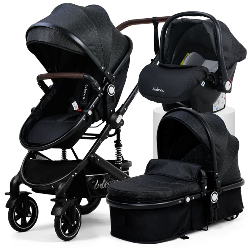 Belecoo Kinderwagen 3 in 1 Kinderwagen Hohe Landschaft Fit Neugeborene Reise Faltbarer Kinderwagen CE-geprüfter schwarzer Kinderwagen