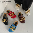 SUOJIALUN New Brand Design Goldkette Damen Slipper Closed Toe Slip On Mules Schuhe Round Toe Low Heels Casual Slides Flip Flop