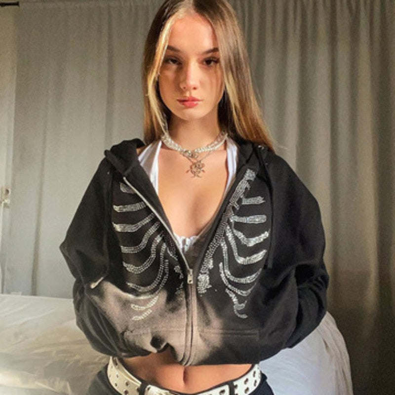 Gothic Hoodies Coat Autumn Print Streetwear2021 Print Goth Grunge Long Sleeve Oversized Jacket Rhinestone 90s Women's sweatshirt