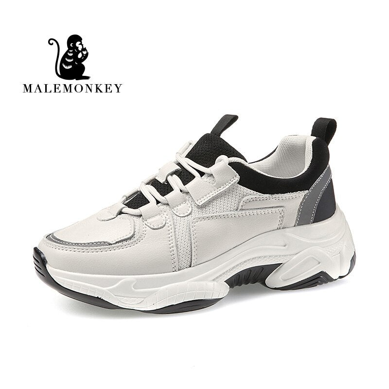 Mode Sport Casual Turnschuhe Frauen 2021 Frühling Herbst Leder Atmungsaktiv Komfortable Sneaker Plateauschuhe Frauen Schwarz