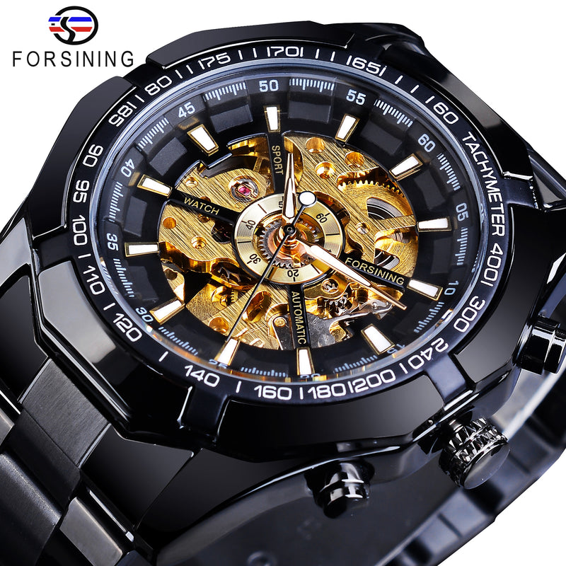 Forsining 2021 Stainless Steel Waterproof Mens Skeleton Watches Top Brand Luxury Transparent Mechanical Sport Male Wrist Watches