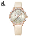 Relojes Shengke para Mujer, relojes de cuero con superficie de flores lineales, caja de cristal, movimiento de cuarzo japonés, Reloj para Mujer, Montres Femmes