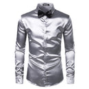2 uds camisa de seda plateada + corbata para hombre satén suave esmoquin camisas Casual botón abajo hombres vestido camisas boda fiesta graduación Chemise Homme