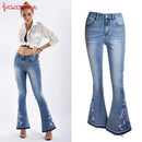 Stickerei Stretching Flare Jeans Damen Elastizität Bell-Bottoms Jeans für Mädchen Hellblaue Hose Damen Jeans Größe