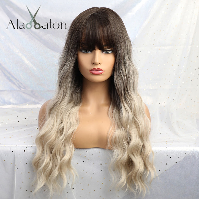 ALAN EATON Long Ombre Black Brown Blonde Wigs with Bangs Heat Resistant Synthetic Wave Wigs for Women African American Cosplay