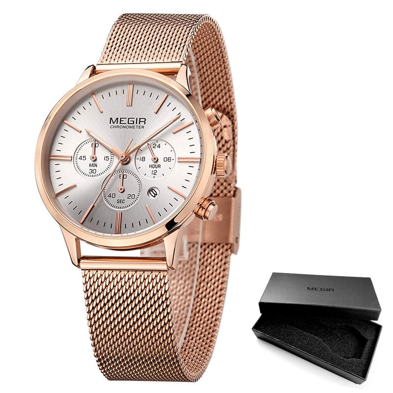 Megir Cronógrafo para mujer Indicador de fecha de manecillas luminosas Correa de malla de acero inoxidable Relojes de pulsera de cuarzo Lady Rose Gold M2011L-1