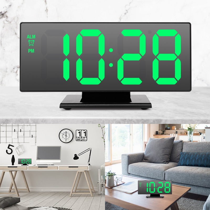 LED Digital Alarm Clock Mirror Electronic Clocks Multifunction Large LCD Display Digital Table Clock with Temperature Calendar