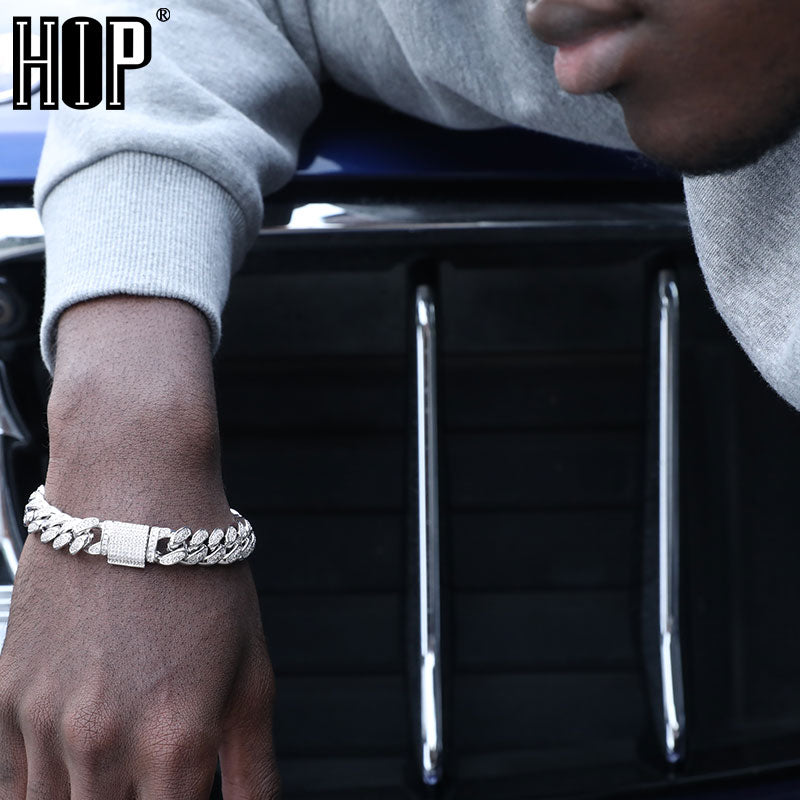 Hip Hop Heavy Iced out 12MM Big Box Buckle Cuban Chain Copper AAA+ Cubic Zirconia Stones Bracelet For Men Rapper Jewelry