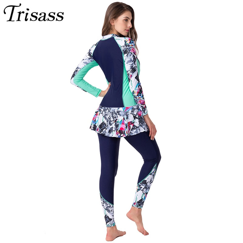 Trisass 2021 New Women One Piece Skirt Swimsuit Sports Bathing suit Plus Size Swimwear Print Long Sleeve Pants Zipper Surf suit