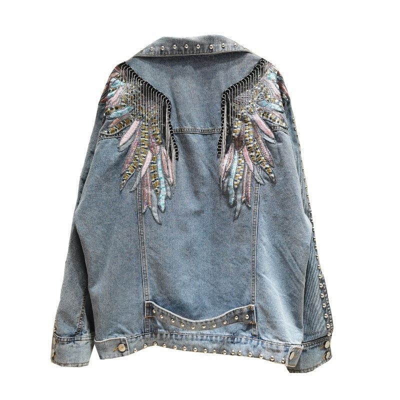 Rivet Wings Punk Coats Damen Casual Bestickte Jeansjacke 2021 Sprint Short Denim Coat Jacken für Damen Langarm