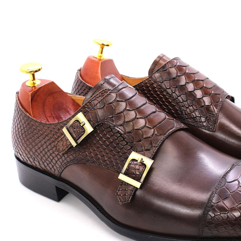 Size 47 Size 13 Mens Dress Shoes Genuine Leather Double Buckle Monk Strap Men Shoes Snake Print Cap Toe Classic Italian Shoes