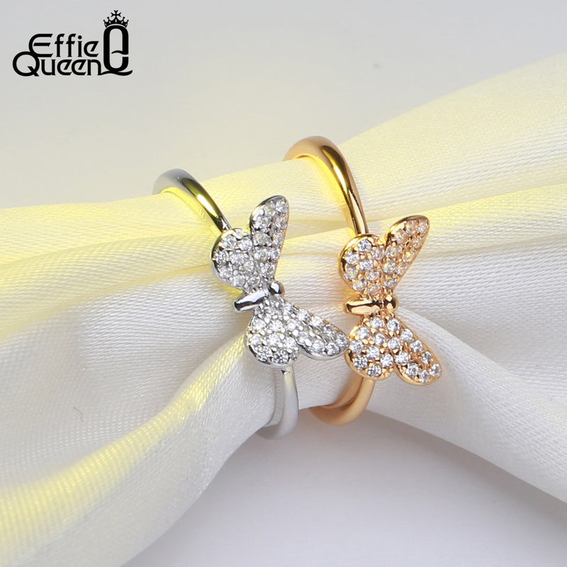 Effie Queen Real 925 Sterling Silber Ringe für Frauen Schmetterlingsform mit AAA Zirkon Silber / Goldfarbe Ring Damenschmuck BR59