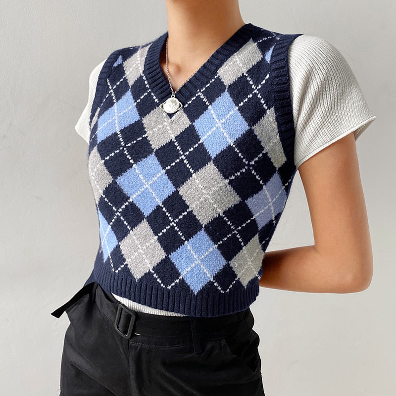Sweetown Argyle Plaid Strick Tank Top Damen Strickwaren Adrette Kleidung V-Ausschnitt Lässige Crop Pullover Weste 90er Streetwear
