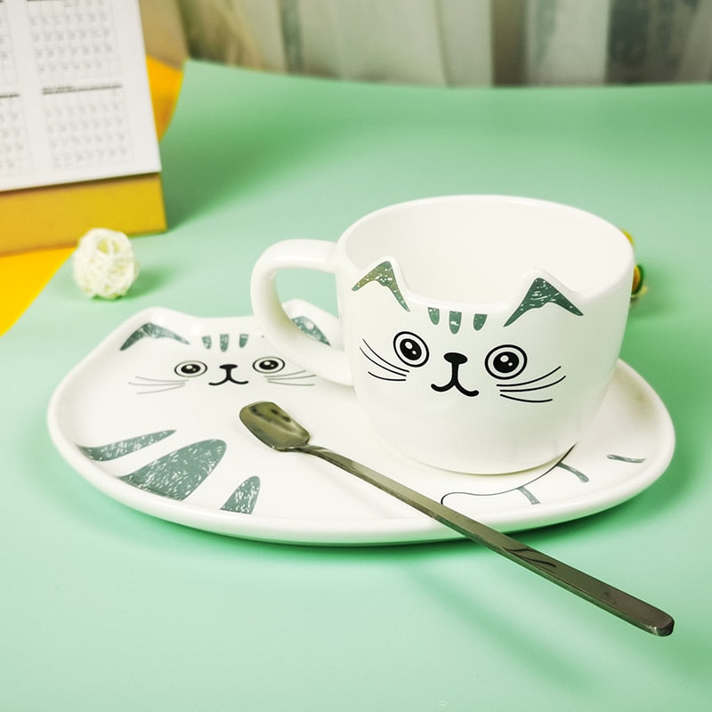 Juegos de tazas de café de cerámica con diseño de gato de dibujos animados, taza de té, plato de postre, conjunto creativo de taza de café y platillo, cuchara para regalar