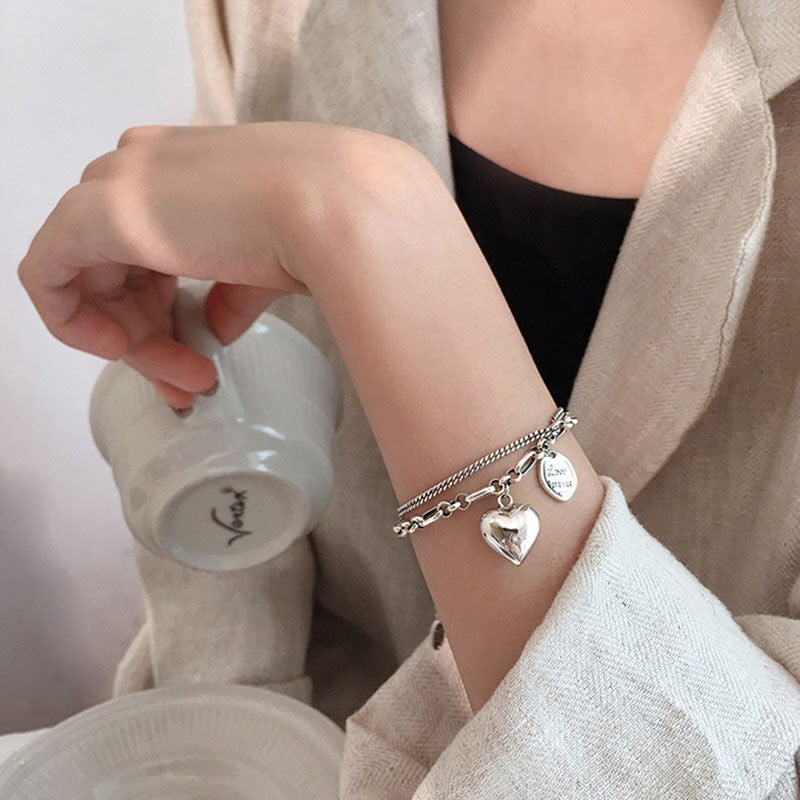 XIYANIKESilver Color Love Letter Heart Double Layer Bracelet Female Unique Design Thai Silver Retro Light Luxury Jewelry