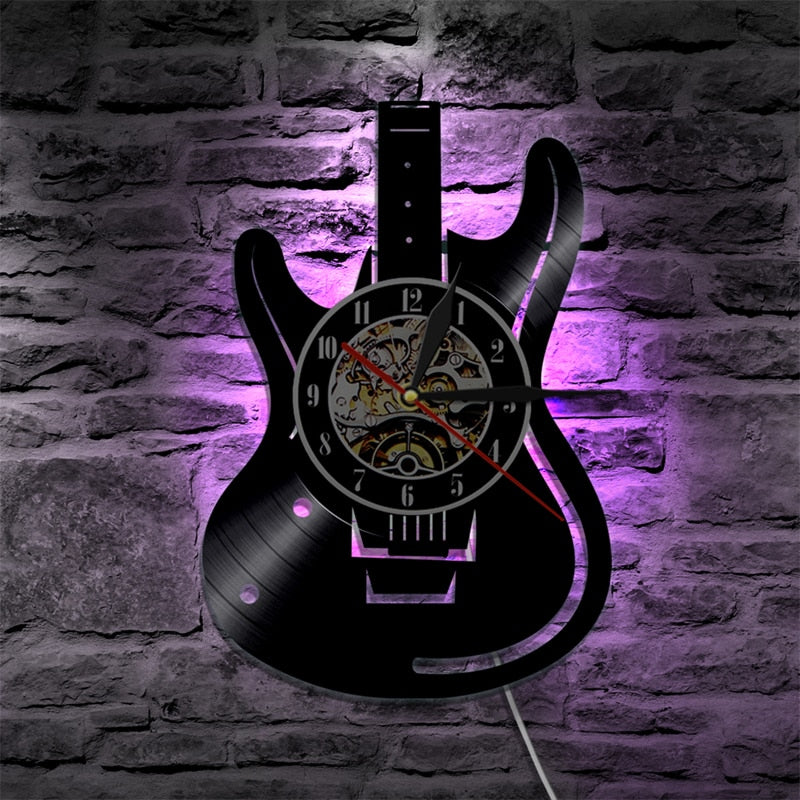 Reloj de pared LED con disco de vinilo, diseño moderno, tema musical, reloj de guitarra, reloj de pared, decoración del hogar, instrumentos musicales, regalo para el amor musical