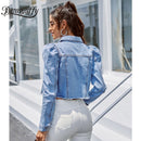 Benuynffy Vintage Puff Long Sleeve Crop Jean Jacket Women Spring Autumn Single Breasted Coat Female Outwear Casual Denim Jackets