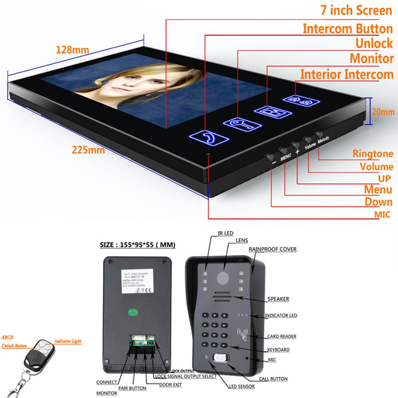 Videoportero de 7 pulgadas, intercomunicador para teléfono, timbre con contraseña RFID, IR-CUT, cámara de línea 1000TV, sistema de Control de acceso remoto inalámbrico