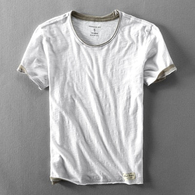 Camiseta de manga corta de algodón de bambú de estilo japonés de marca de moda de verano para hombre, camiseta blanca fina informal sencilla para hombre