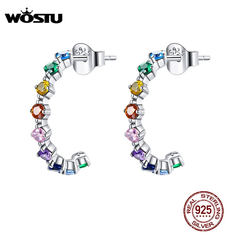 WOSTU Plata de Ley 925 auténtica pendientes de tuerca de circonitas coloridas simples pendientes de arcoíris para mujer joyería de plata de moda CQE1014