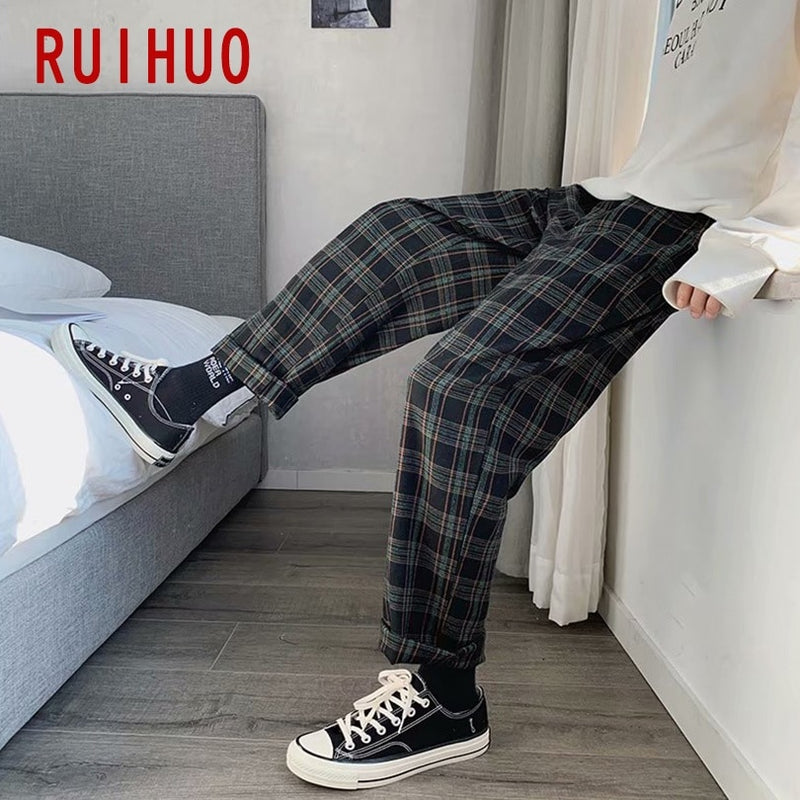 RUIHUO Plaid Harem Pants Men Trousers Joggers Casual Pants Men Sweatpants Ankle-Length Hip Hop Streetwear Cotton M-3XL 2022