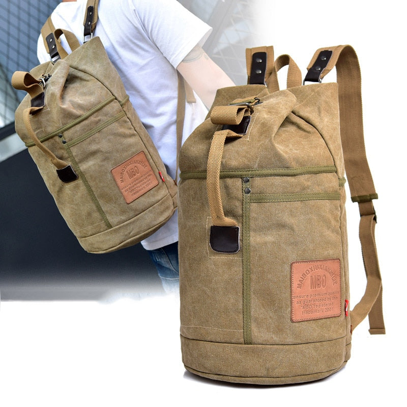 Male Tactical Bucket Canvas Backpack Letter Printing Large Capacity Military Army Bags Outdoor Travel Climbing Round Bag XA678WD