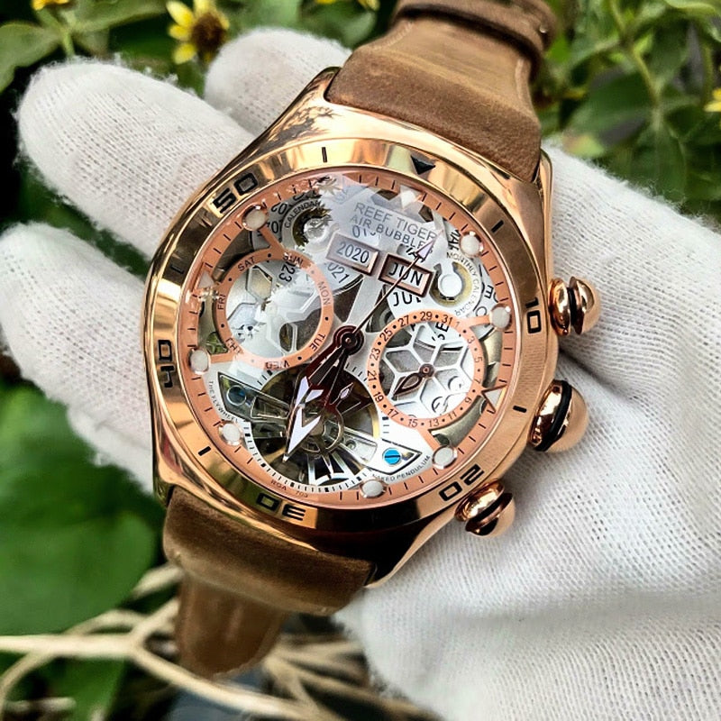 Reloj deportivo Reef Tiger/RT para hombre, reloj luminoso esqueleto, año, mes, fecha, día, oro rosa, relojes automáticos RGA703