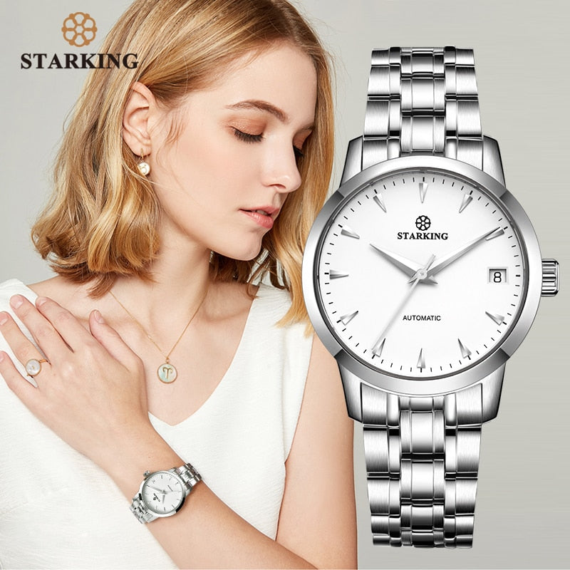 StarKing Classic Damen Einfache Uhr Automatik Edelstahl Weißes Zifferblatt Armbanduhr Auto Datum Damen Mechanische Relogio Feminino