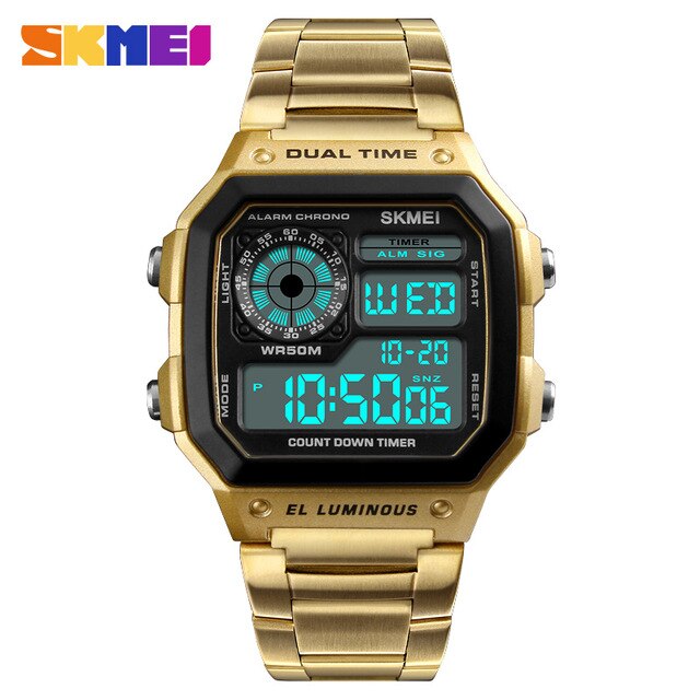 Reloj Digital de marca SKMEI para hombre, relojes de pulsera dorados de acero inoxidable, reloj militar para hombre, relojes de negocios para hombre