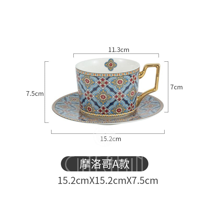 Juego de taza y platillo de café de lujo de estilo marroquí con mango dorado para café especial taza de té de cerámica capuchino 250ml