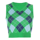 Sweetown Argyle Plaid Strick Tank Top Damen Strickwaren Adrette Kleidung V-Ausschnitt Lässige Crop Pullover Weste 90er Streetwear