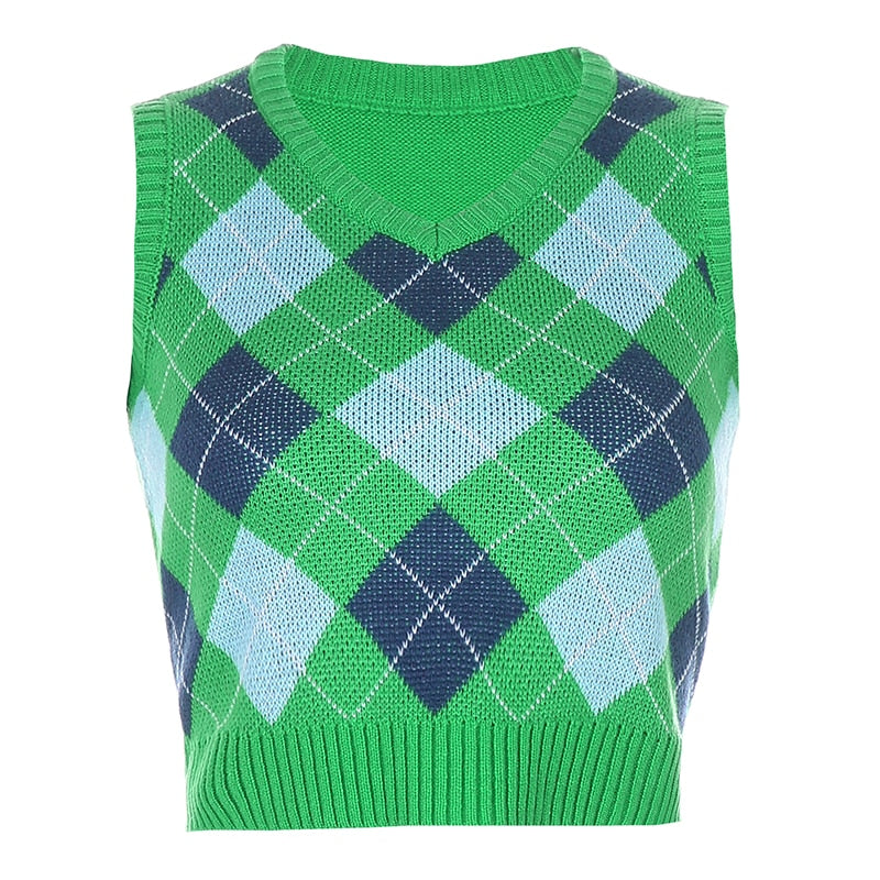 Sweetown Argyle Plaid Strick Tank Top Damen Strickwaren Adrette Kleidung V-Ausschnitt Lässige Crop Pullover Weste 90er Streetwear