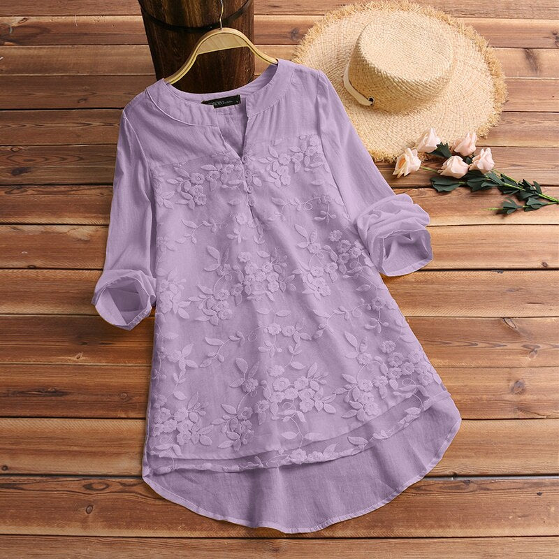 2022 ZANZEA Baumwolle Tops Frauen Bluse Elegant V-Ausschnitt Langarm Shirt Lässige Herbst Spitze Shirts Vintage Stickerei Blusas