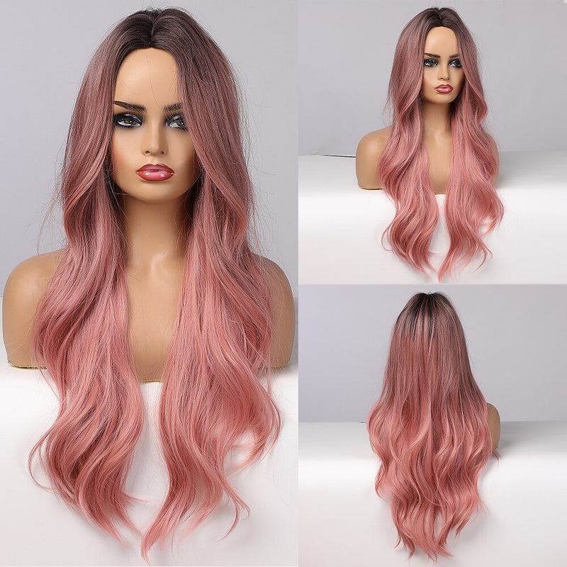 GEMMA Long Wavy Natural Middle Part Synthetic Wig Women Fake Hair Heat Resistant Black Brown Blonde Red Highlight Cosplay Wigs