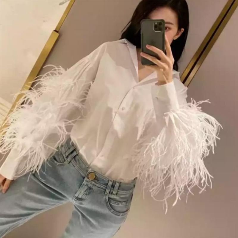 TWOTWINSTYLE Casual Patchwork Feather Blouse For Women Lapel Lantern Sleeve White Solid Shirt Female Fashion New Clothing 2021